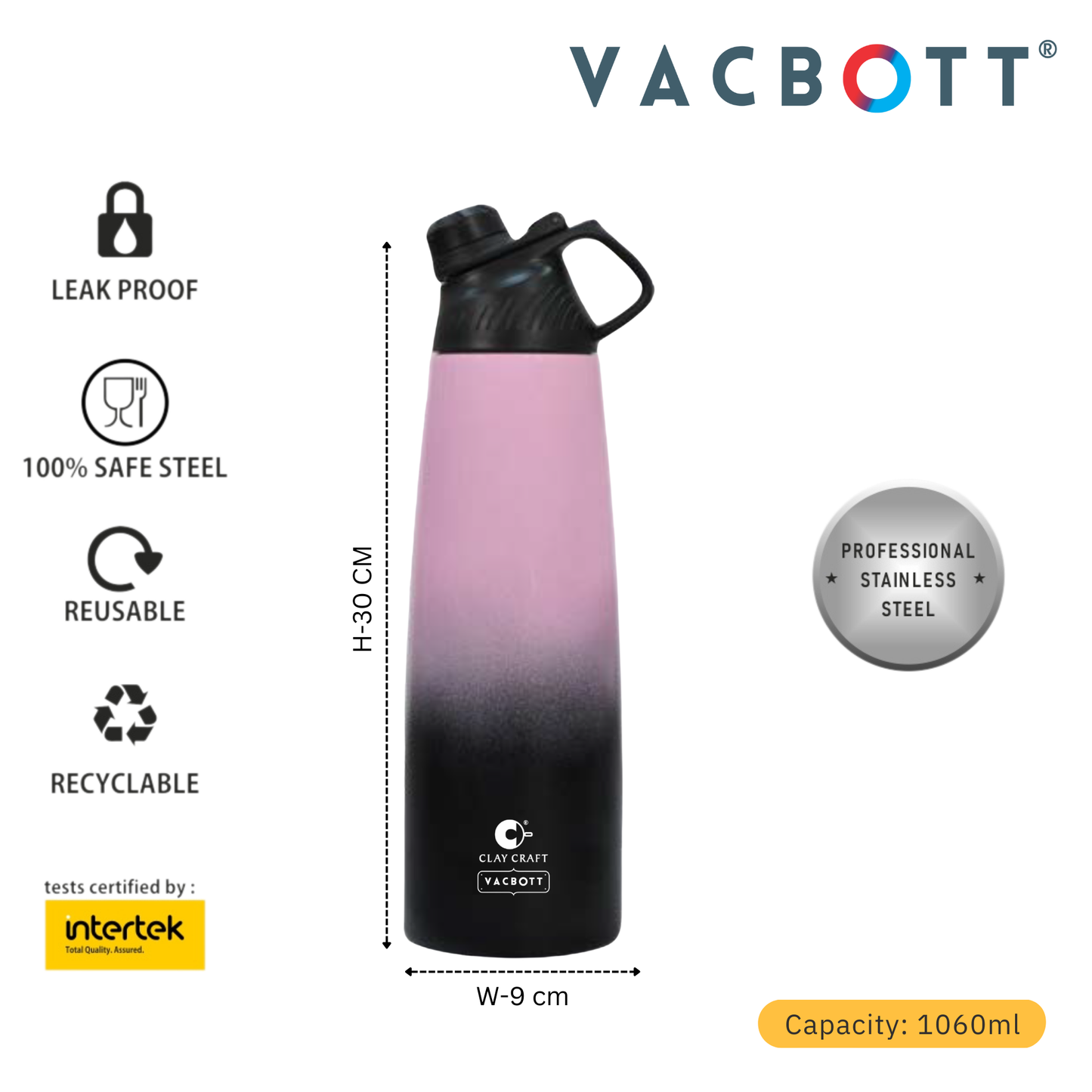 Vacbott Vacuum Bottle, Canon Duo Double Walled 24 Hours Cold and 18 Hours Hot Water Bottle, 1060ml