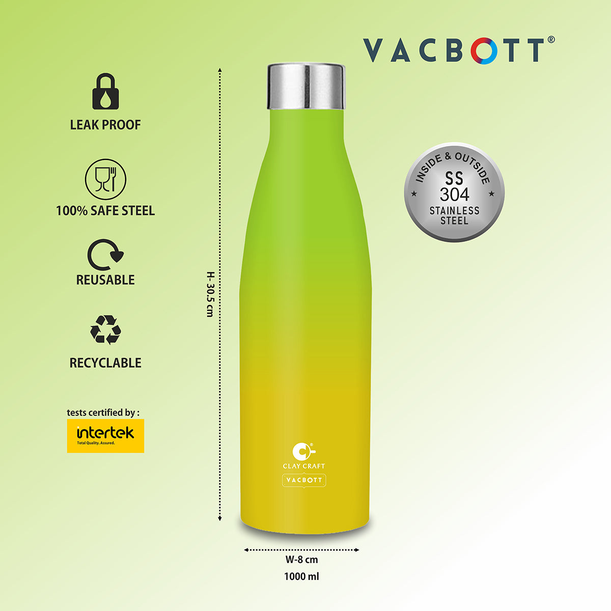 Vacbott Vaccum Bottle, Gerald Double Walled 24 Hours Hot and Cold Water Bottle (Pink & Green)