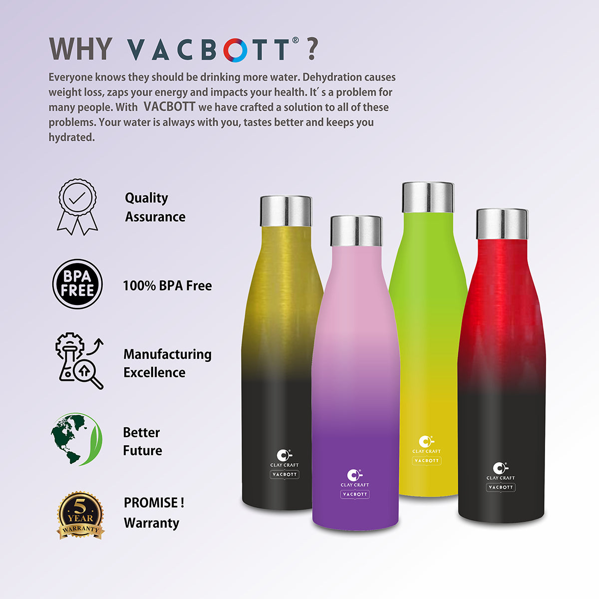 Vacbott Vaccum Bottle, Gerald Double Walled 24 Hours Hot and Cold Water Bottle