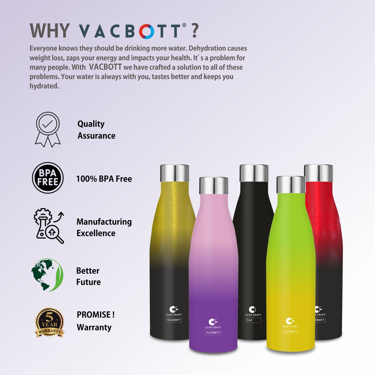 Vacbott Vaccum Bottle, Gerald Double Walled 24 Hours Hot and Cold Water Bottle (Pink & Green)