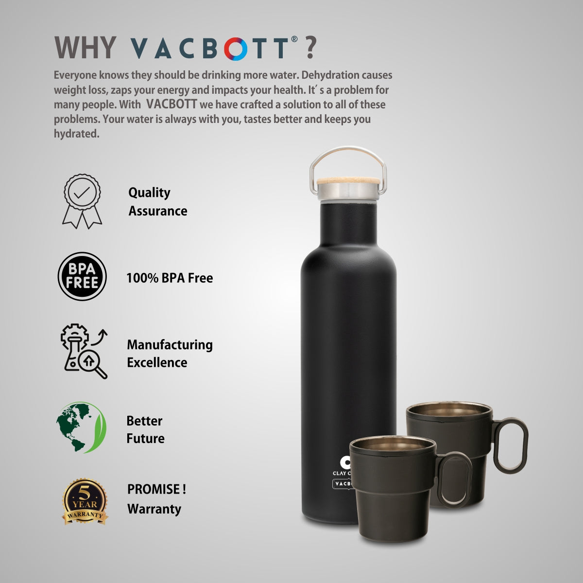 Vacbott Hiker Combo Set Double Walled 24 Hours Hot and Cold Water Bottle, BIS Certified, 700ml, with Single Walled Victor Mug (2 Pcs)