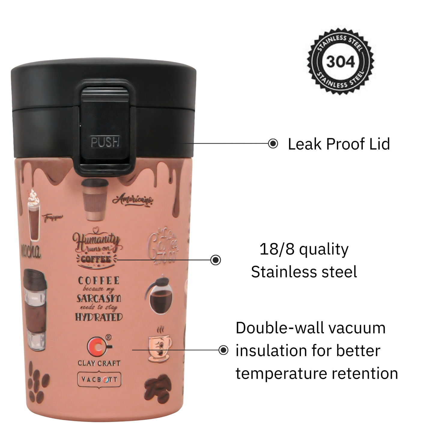 Vacbott Vacuum Insulated Caferoma Printed Tumbler Double Walled Hot 18 Hours and 24 Hours Cold Mug, 280 ml