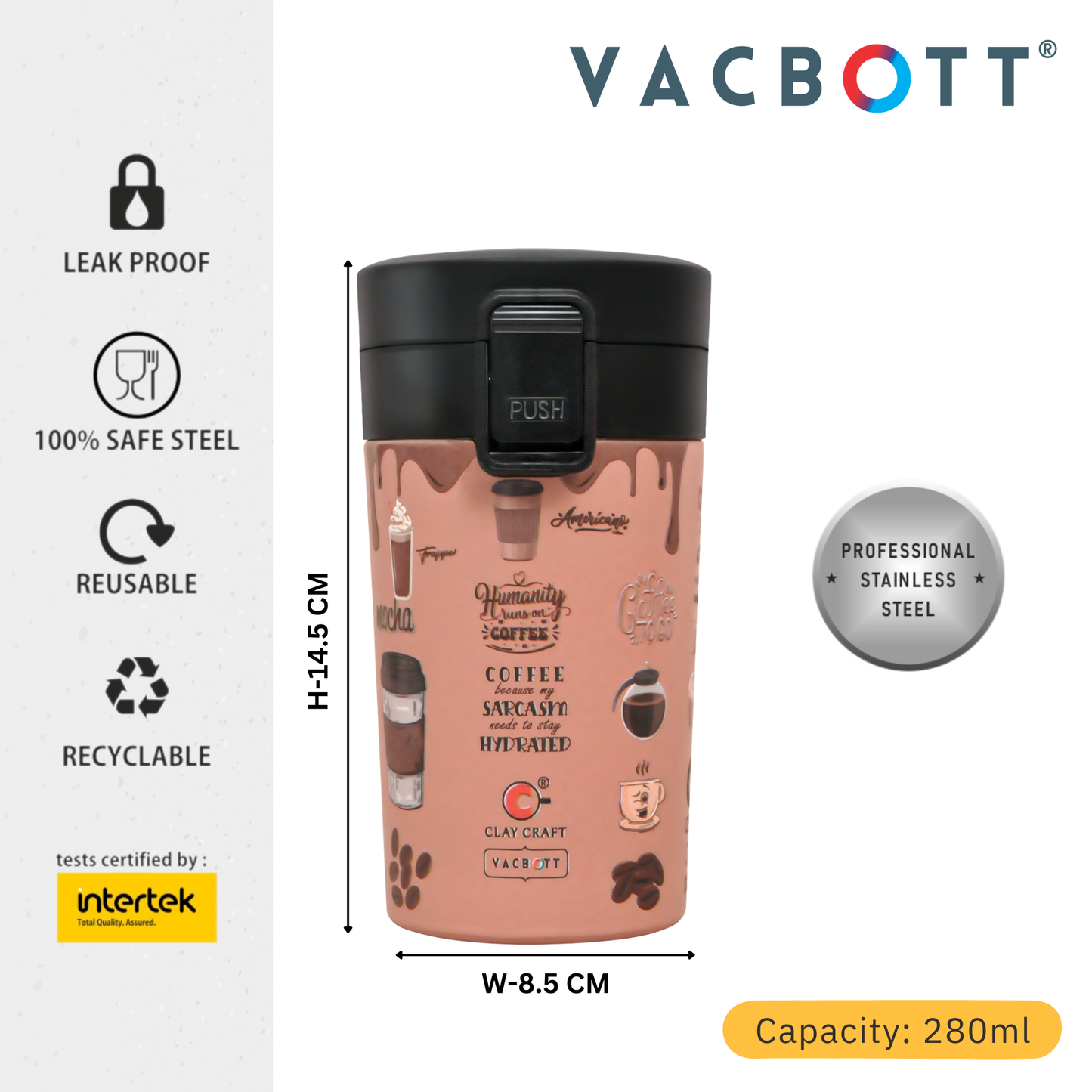 Vacbott Vacuum Insulated Caferoma Printed Tumbler Double Walled Hot 18 Hours and 24 Hours Cold Mug, 280 ml