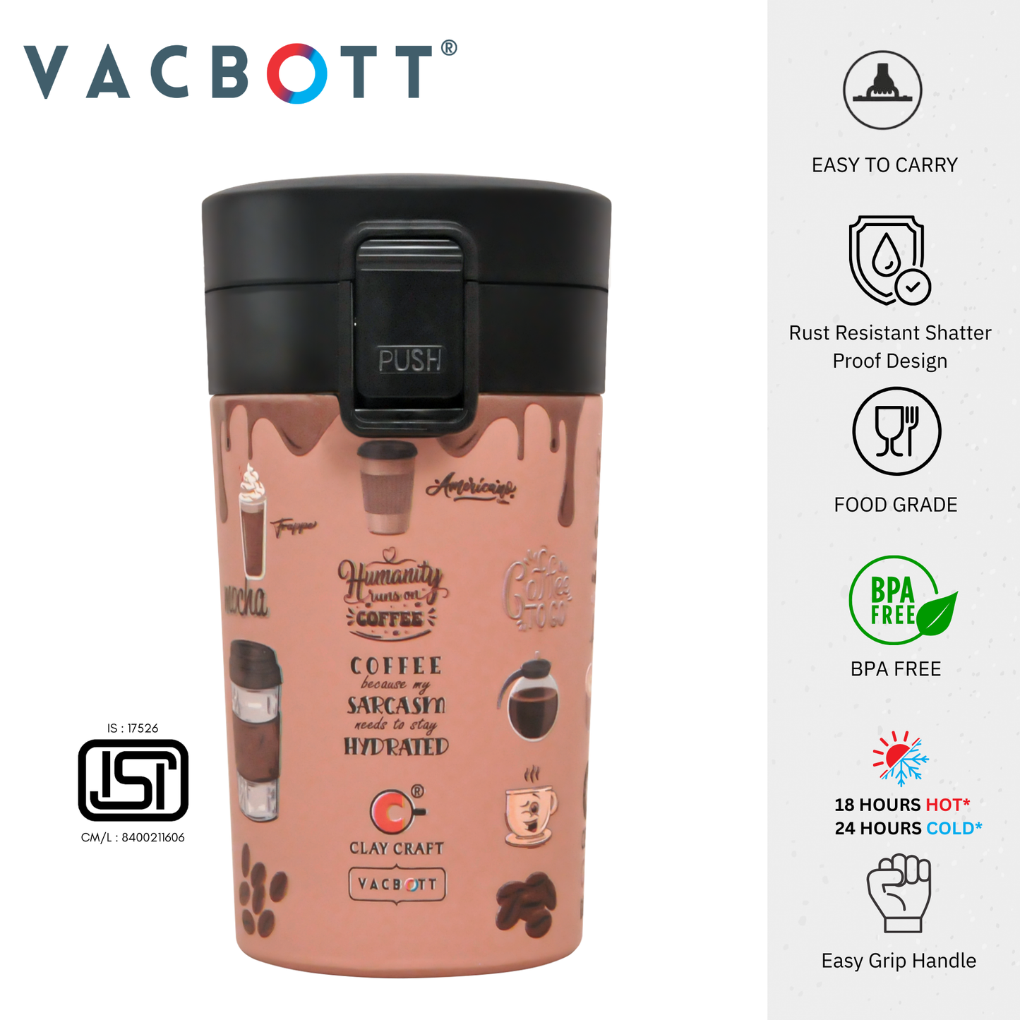 Vacbott Vacuum Insulated Caferoma Printed Tumbler Double Walled Hot 18 Hours and 24 Hours Cold Mug, 280 ml