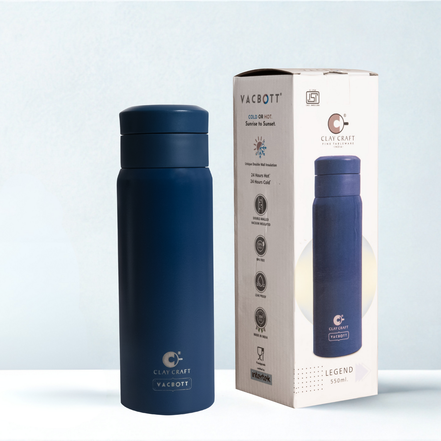 Vacbott Vacuum Bottle Legend Apex | One-Touch Lid | 24-Hour Hot & Cold 550ml| BIS Certified