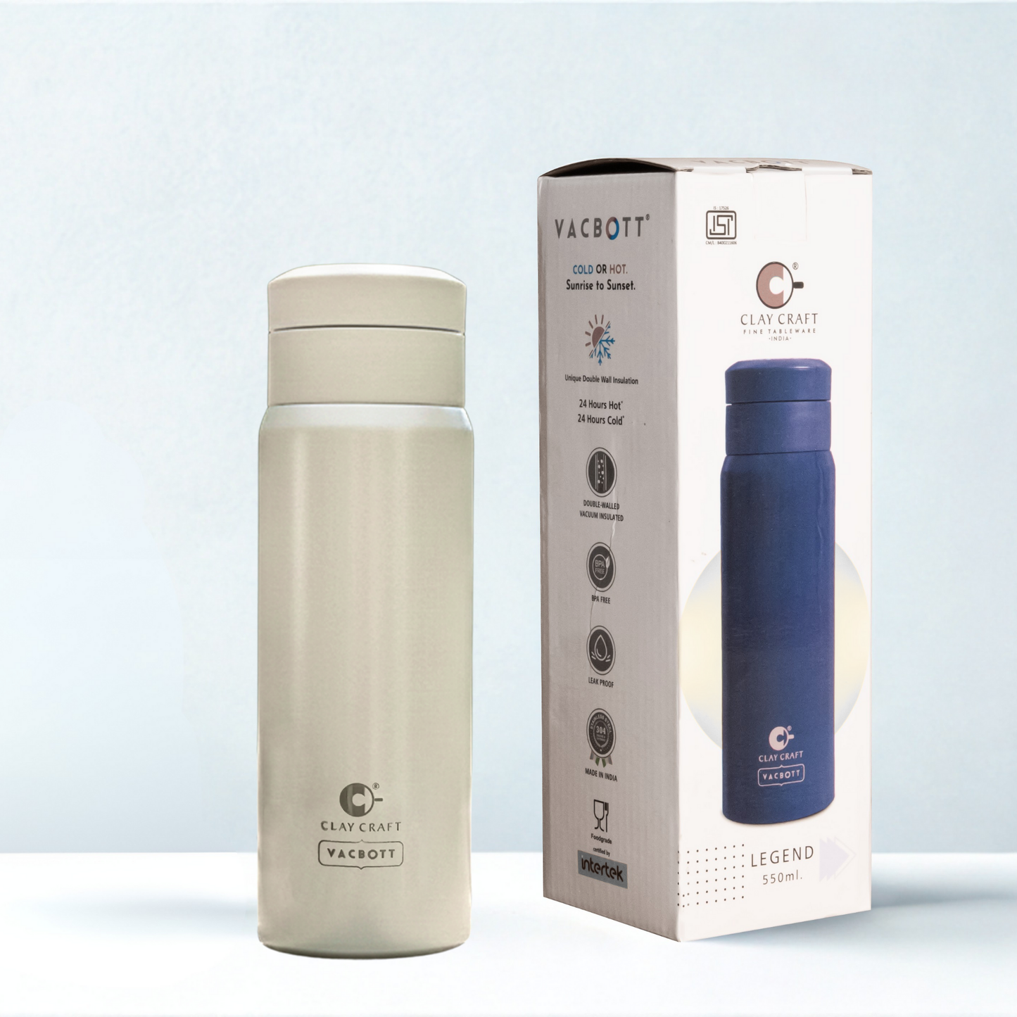 Vacbott Vacuum Bottle Legend Apex | One-Touch Lid | 24-Hour Hot & Cold 550ml| BIS Certified
