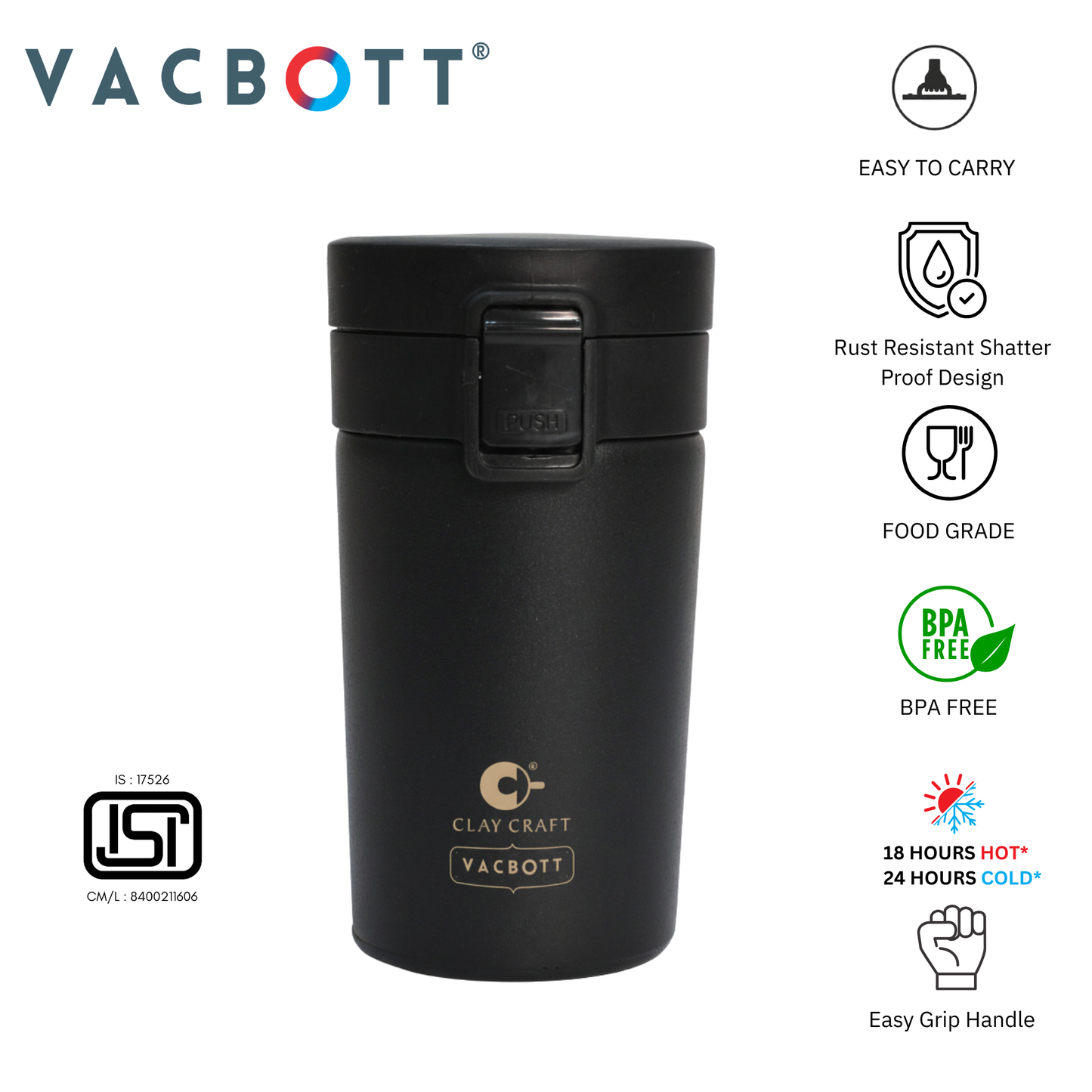 Vacbott Vacuum Caferoma Tumbler Double Walled 24 Hours Cold and 18 Hours Hot Mug 280 ml