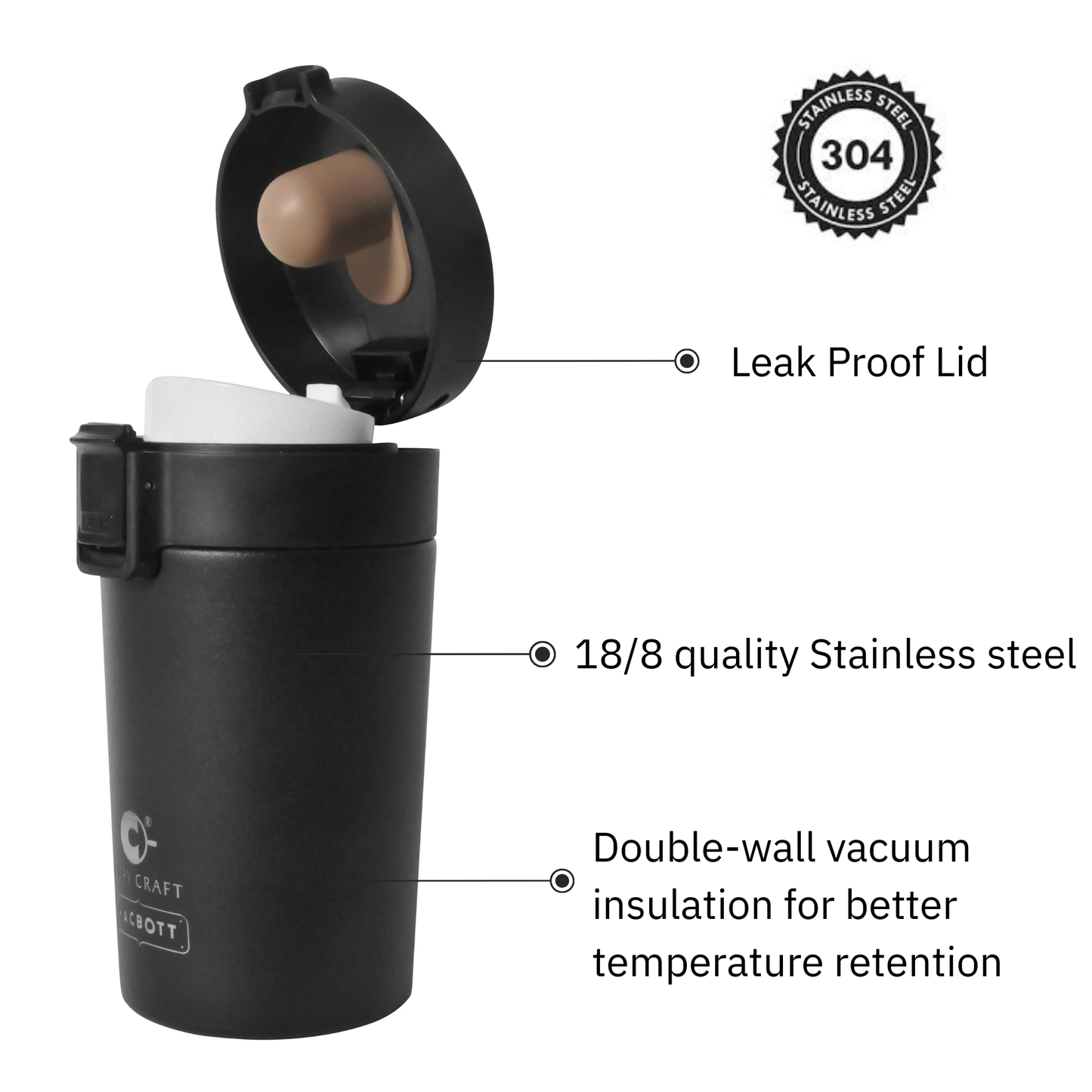 Vacbott Vacuum Caferoma Tumbler Double Walled 24 Hours Cold and 18 Hours Hot Mug 280 ml