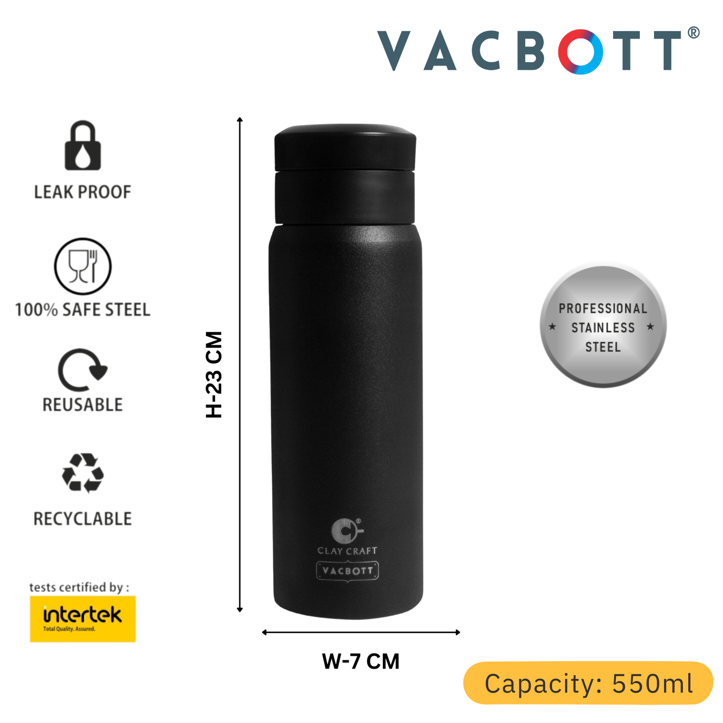 Vacbott Vacuum Bottle Legend Apex | One-Touch Lid | 24-Hour Hot & Cold 550ml| BIS Certified