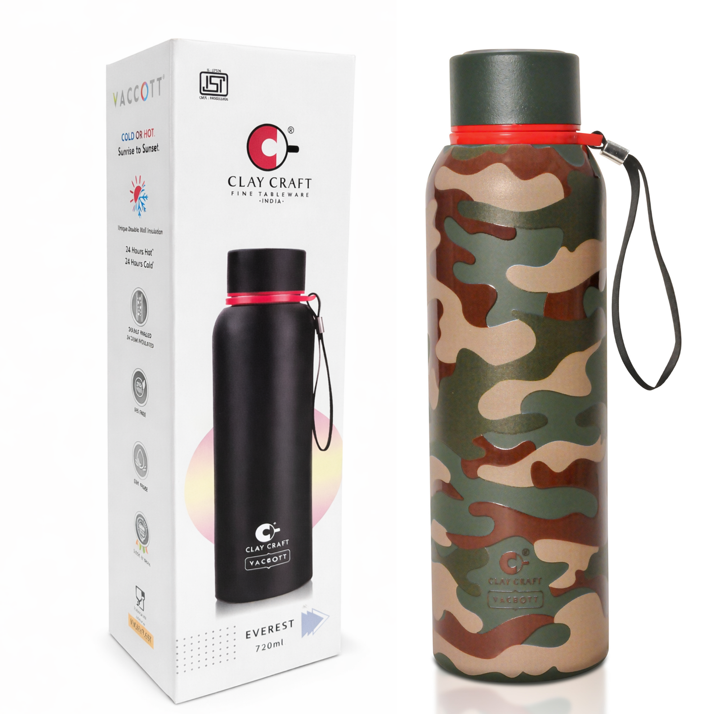 Vacbott Vacuum Bottle, Everest Military Double Walled 24 hours Cold & 18 hours Hot, 700ml
