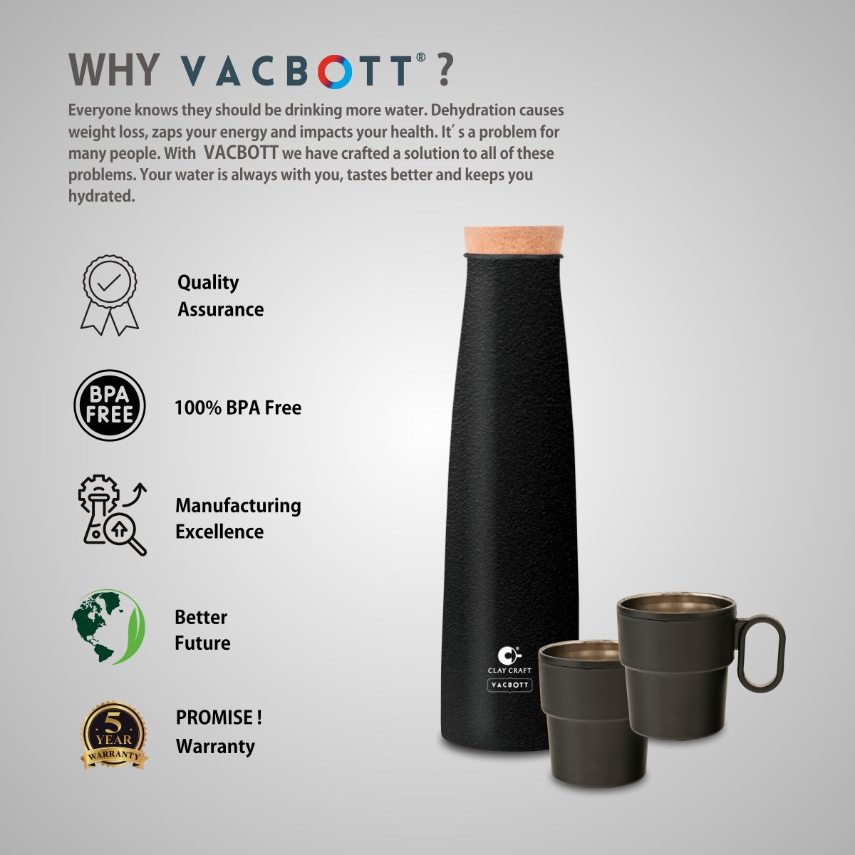 Vacbott Crest Combo Set Single Walled Non Insulated Water Bottle, 900ml, with Single Walled Victor Mug (2 Pcs)