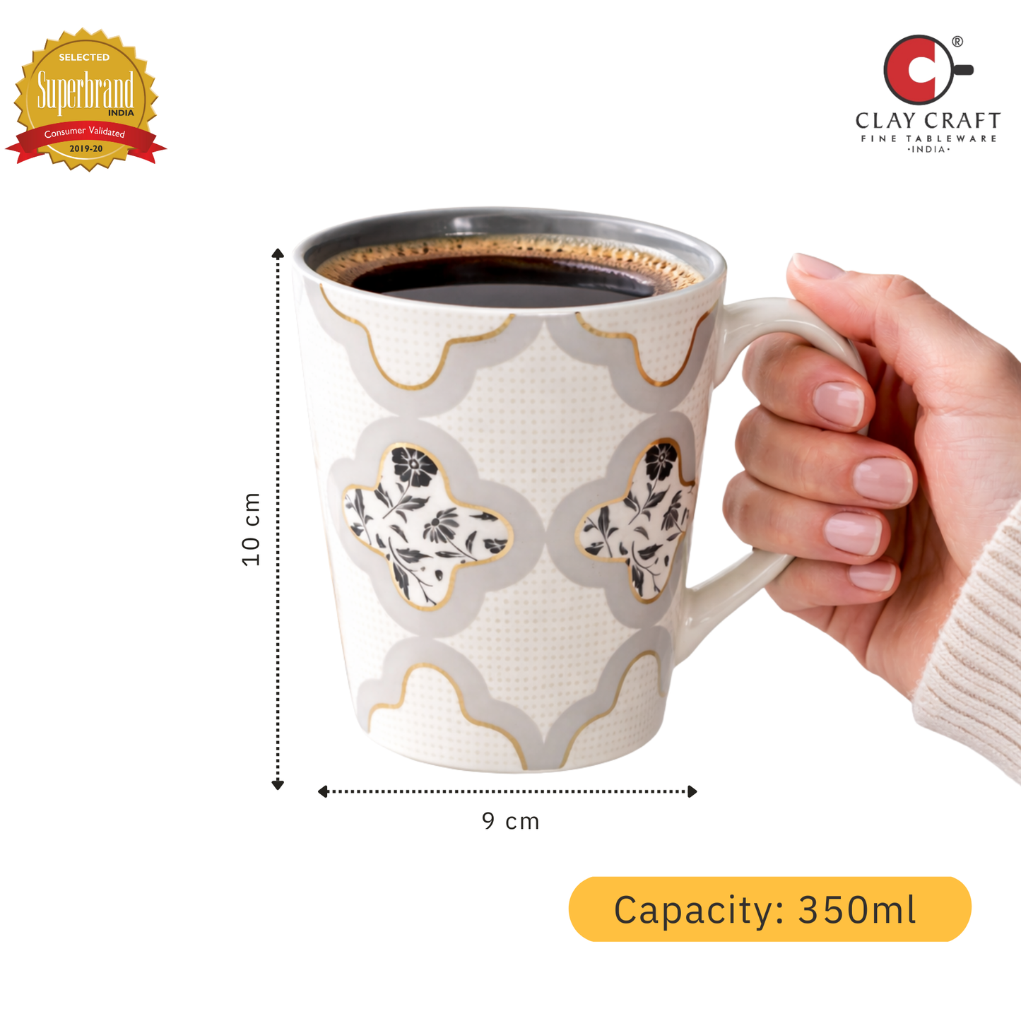 Clay Craft Lucas Pebble Grey Porcelain Mug  Set of 2, 350 ml Perfect for Tea, Coffee & Milk