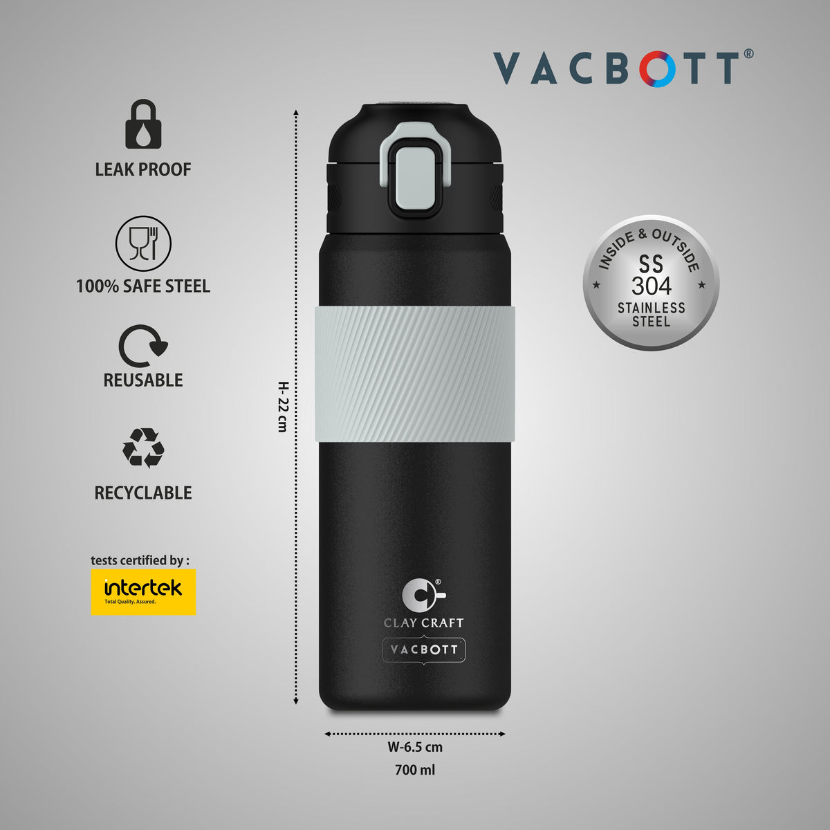 Vacbott Amber Vacuum Insulated Double Walled Water Bottle 18 Hrs Hot & 24 Hrs Cold Stainless Steel Flask, BIS Certified, 700ml