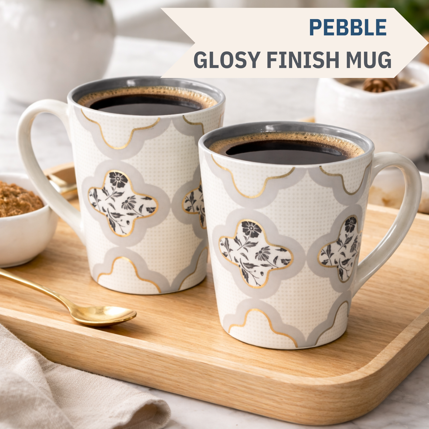 Clay Craft Lucas Pebble Grey Porcelain Mug  Set of 2, 350 ml Perfect for Tea, Coffee & Milk
