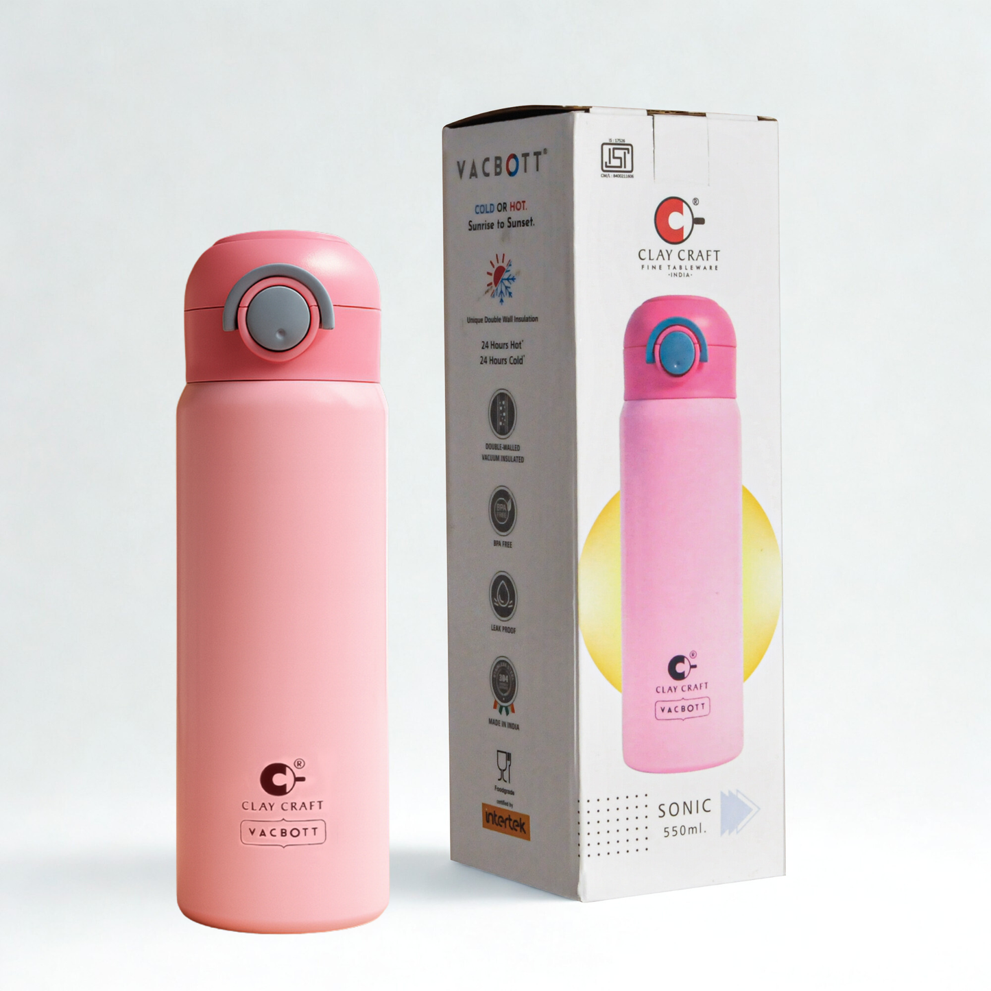 Vacbott Vacuum Bottle Sonic Pro One-Touch Lid | 24-Hour Hot & Cold 550ml| BIS Certified