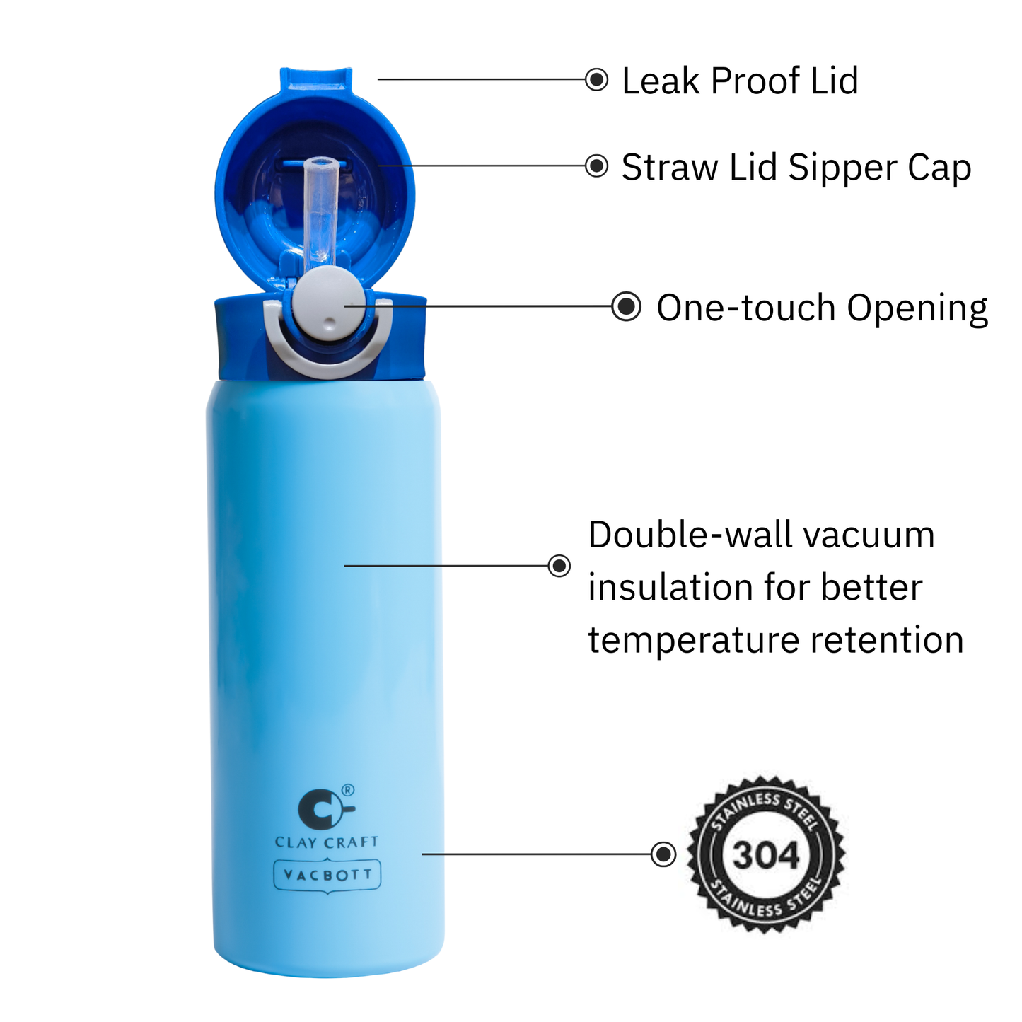 Vacbott Vacuum Bottle Sonic Pro One-Touch Lid | 24-Hour Hot & Cold 550ml| BIS Certified
