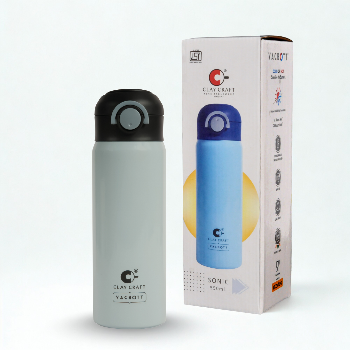 Vacbott Vacuum Bottle Sonic Pro One-Touch Lid | 24-Hour Hot & Cold 550ml| BIS Certified