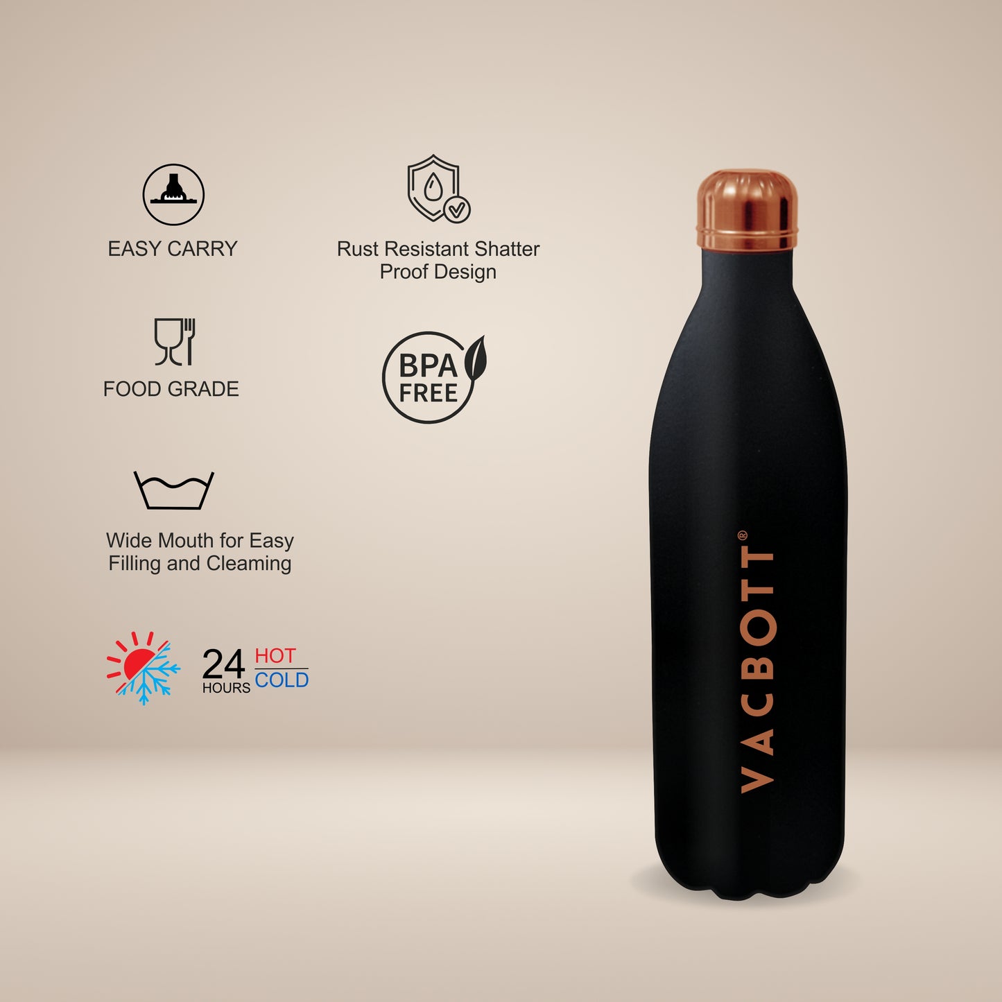 Vacbott Vaccum Bottle, Stark Double Walled 24 Hours Hot and Cold Water Bottle, Black Velvet. BIS Certified