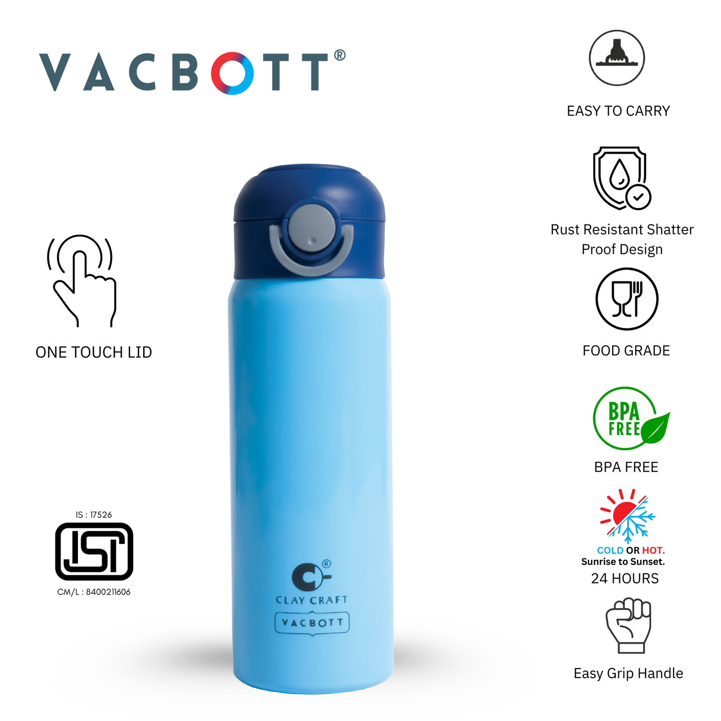 Vacbott Vacuum Bottle Sonic Pro One-Touch Lid | 24-Hour Hot & Cold 550ml| BIS Certified