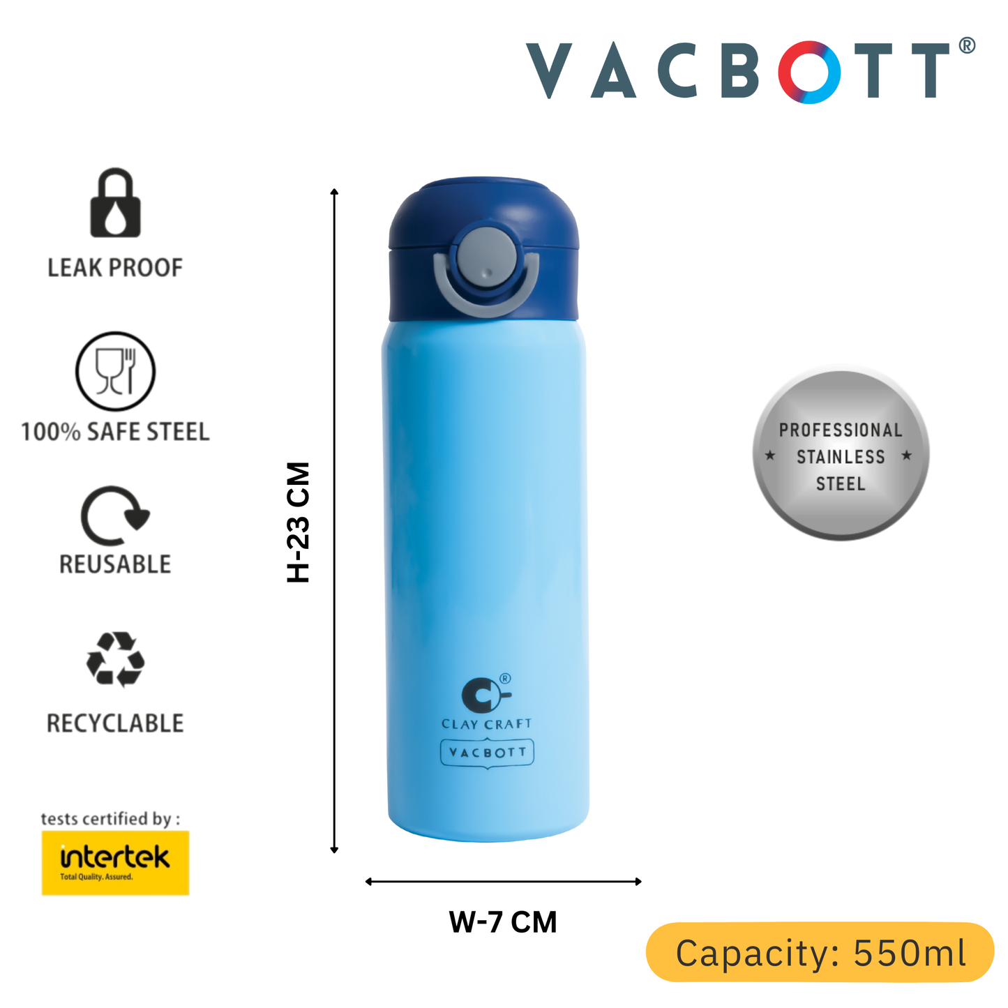 Vacbott Vacuum Bottle Sonic Pro One-Touch Lid | 24-Hour Hot & Cold 550ml| BIS Certified