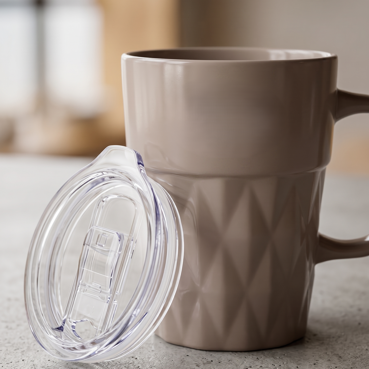 Clay Craft Jewel Diamond Pebble Porcelain Mug with Acrylic Lid, Grey, 350ml