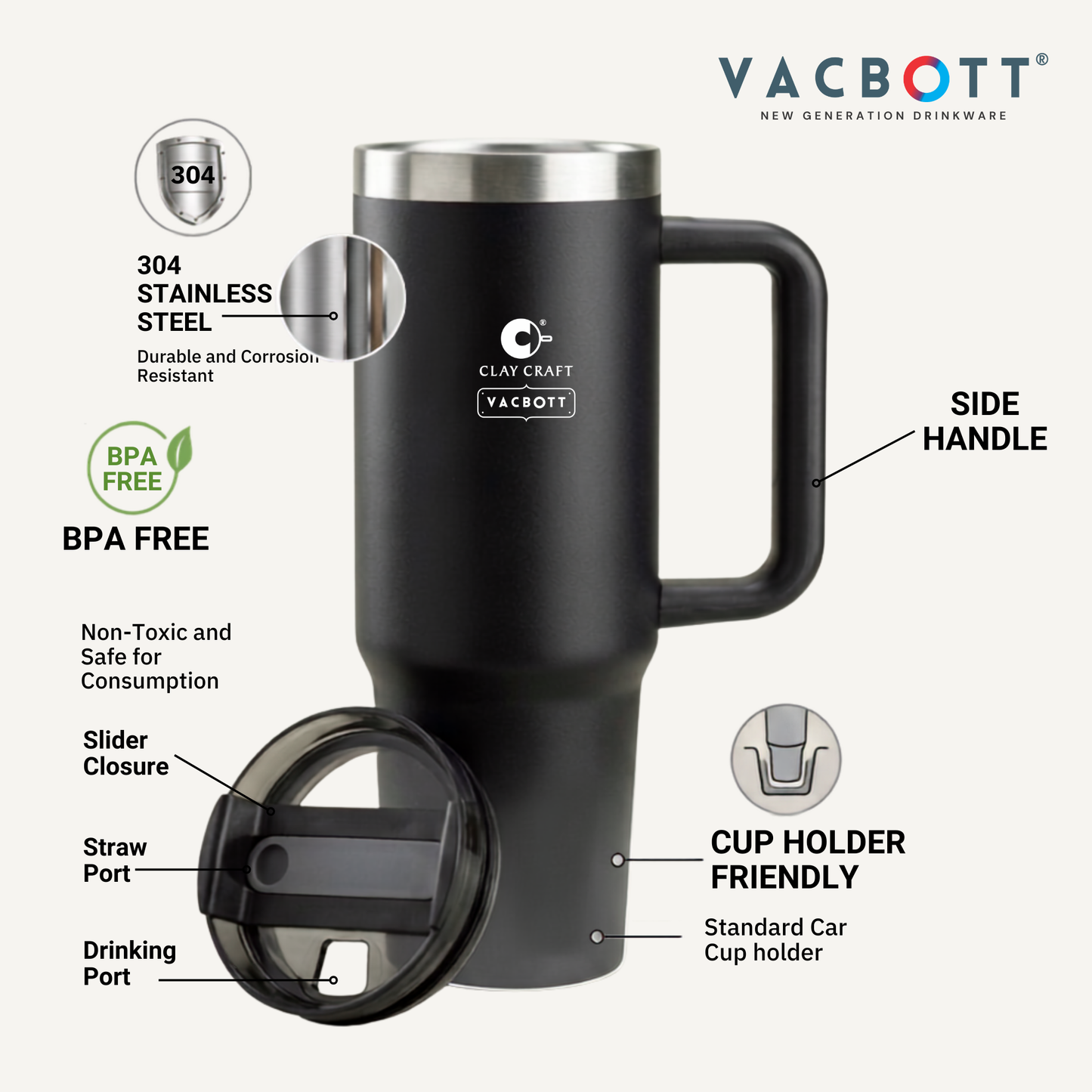 Vacbott Vacuum EverSip® Chrome Tumbler 900 ml for Adults for Office & Gym