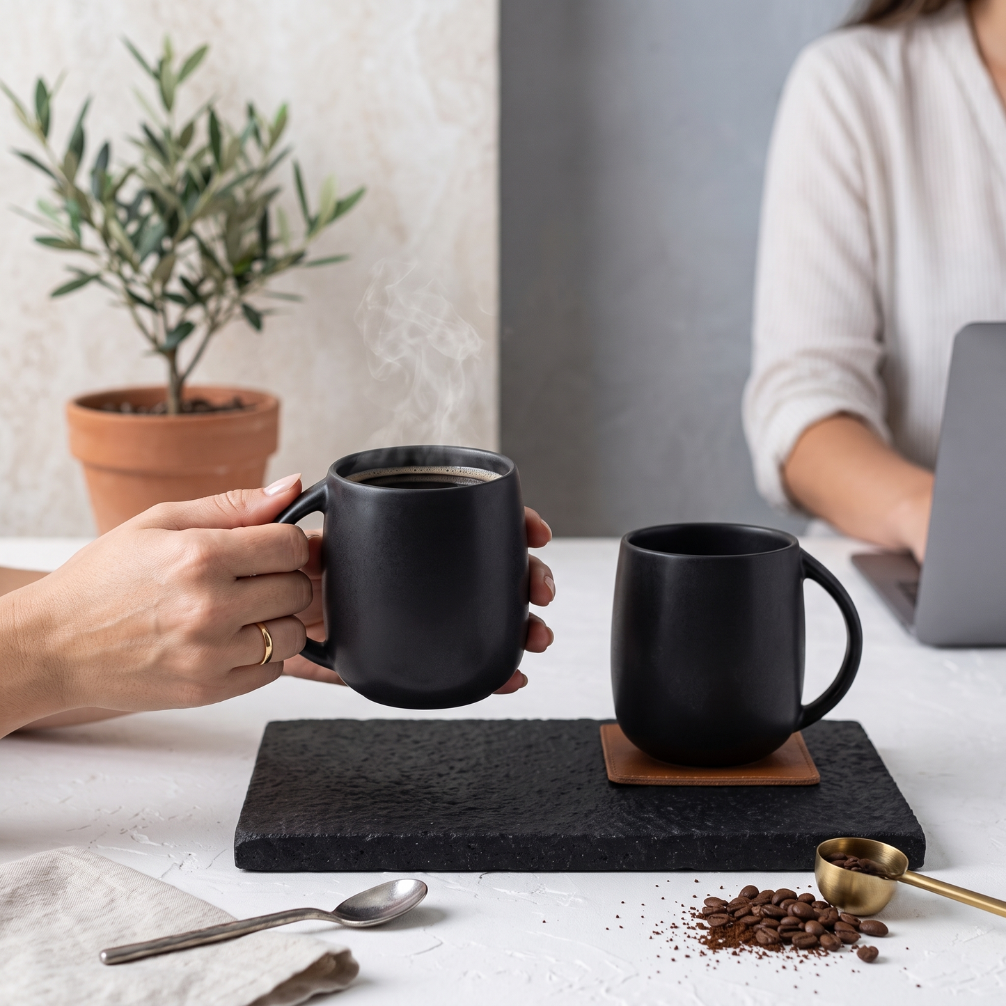 Bunty Pebble Pacha Ceramic Coffee & Milk Mug Set of 2, Black, 320ml Each