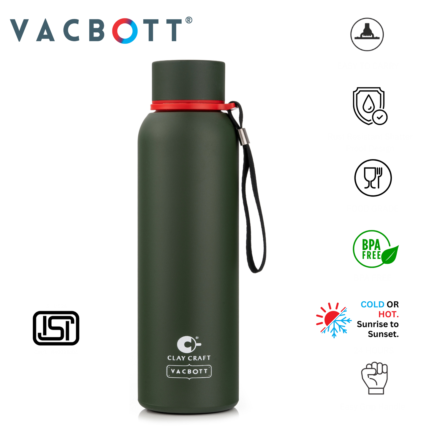 Vacbott Everest Vacuum Insulated Double Walled Water Bottle 18 Hrs Hot & 24 Hrs Cold Stainless Steel Flask, BIS Certified, 500/700/1000ml