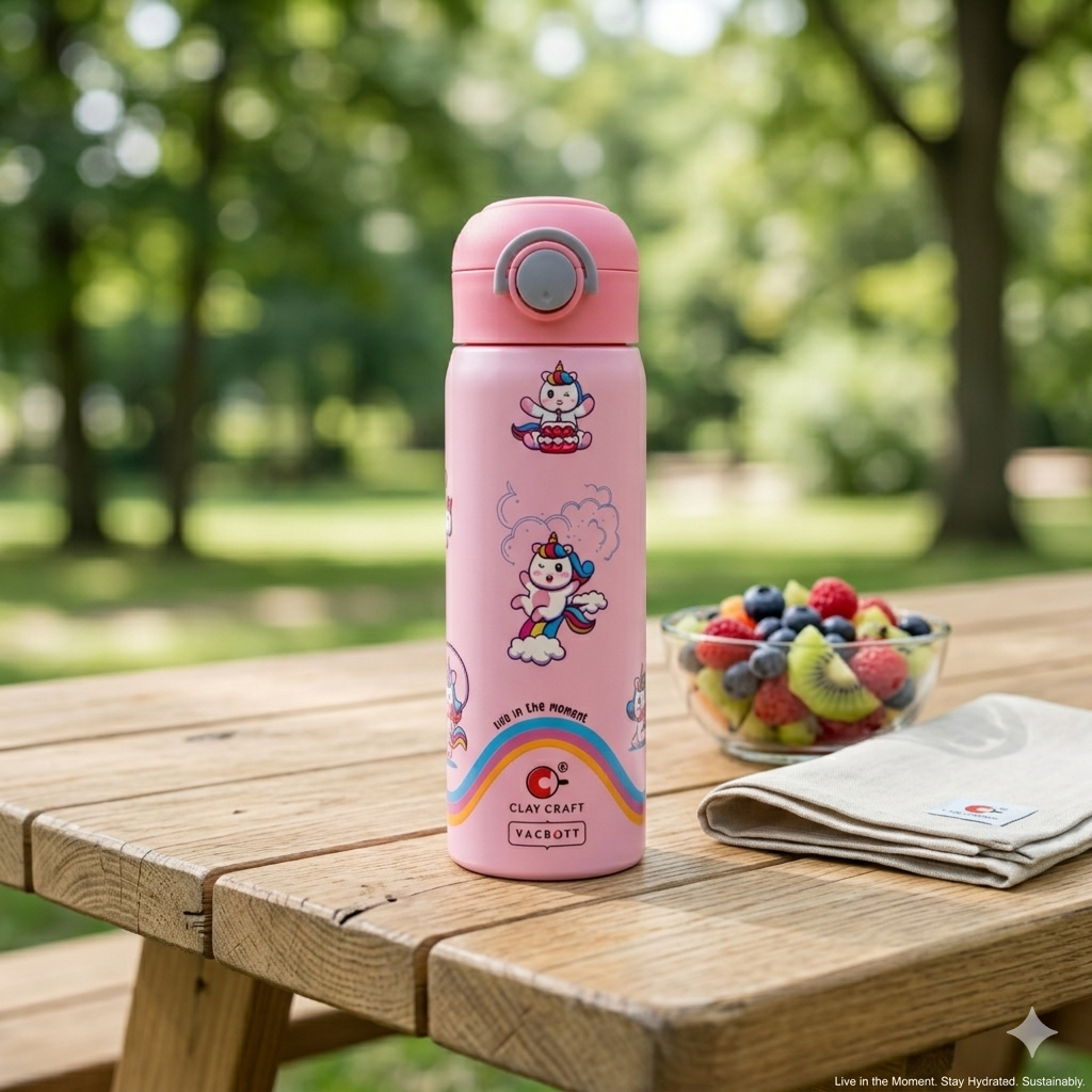 Vacbott Vivid Sonic Vacuum Insulated Double Walled Printed One-Touch Lid 18 Hrs Hot & 24 Hrs Cold, BIS Certified, Stainless Steel Flask 550 ml