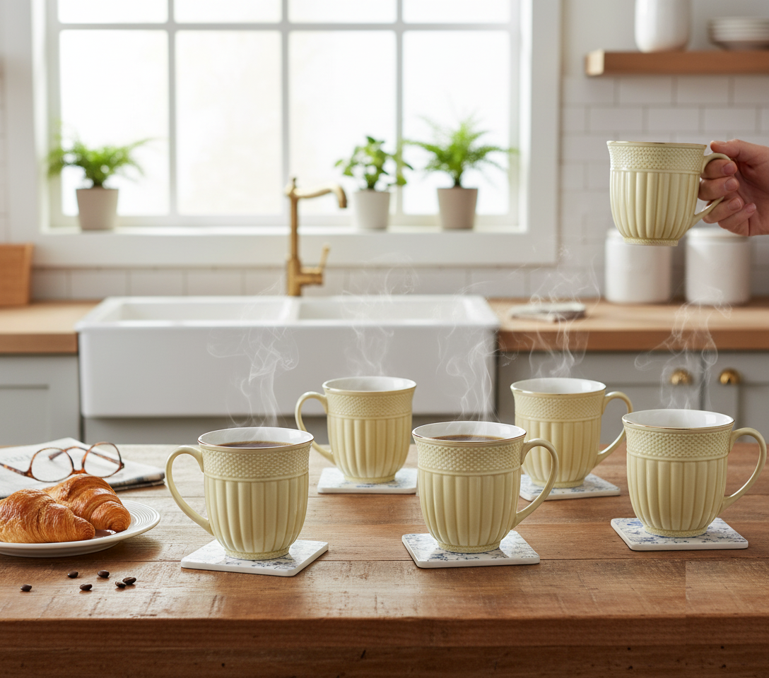 Clay Craft Esha Impression 1300 Coffee & Tea Mugs Set of 6, 200ml, (CREAM)