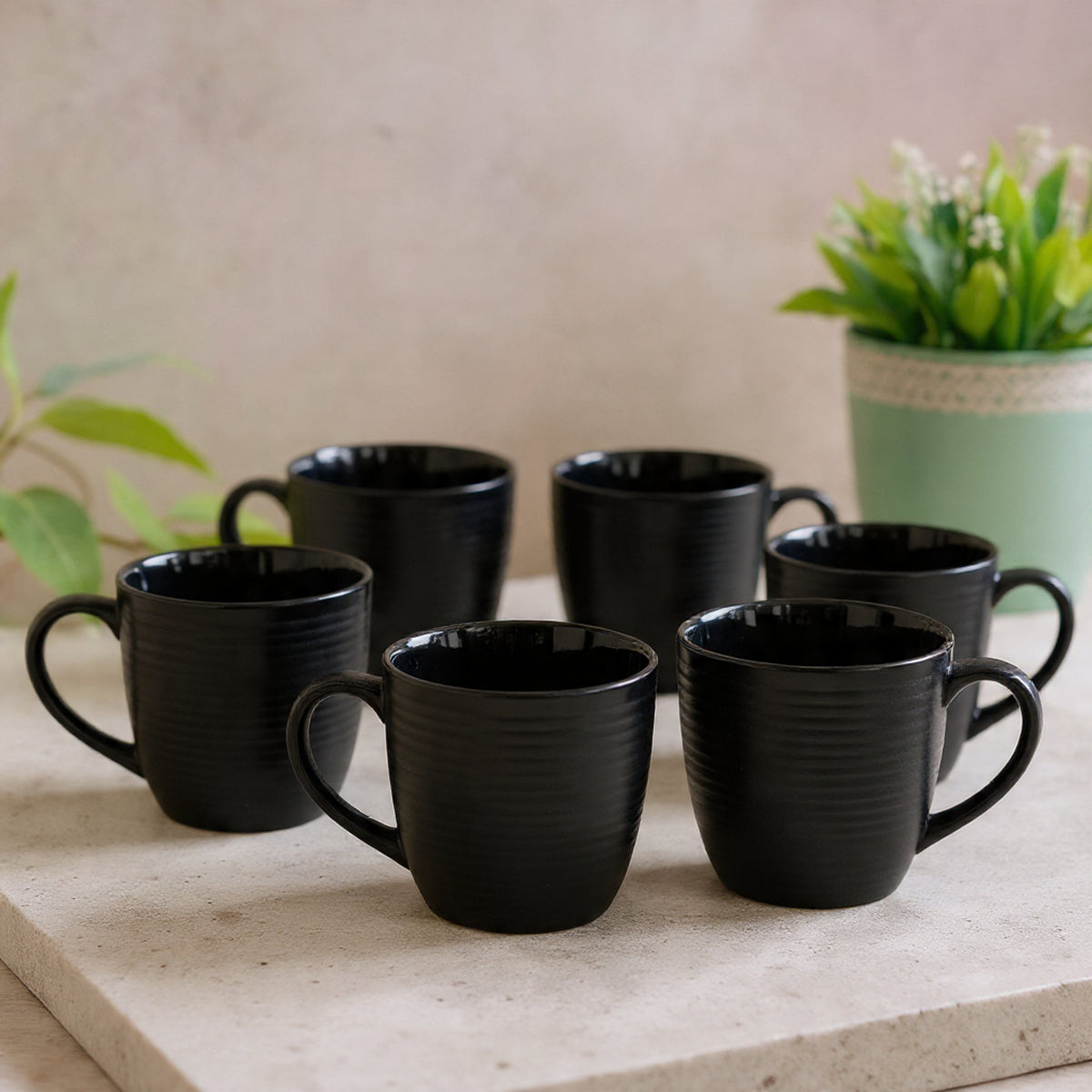 Horizon Pebble Ceramic Coffee & Tea Mugs, Black, 210ml, Set of 6