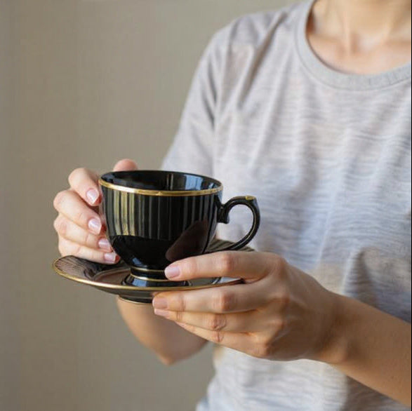 Clay Craft Julie Impression Cup & Saucer, Set of 12 (6 Cups + 6 Saucers), 170 ml, (Black)
