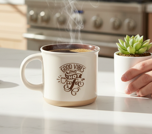 Cup of coffee with steam, croissant, and small plant on a kitchen counter.