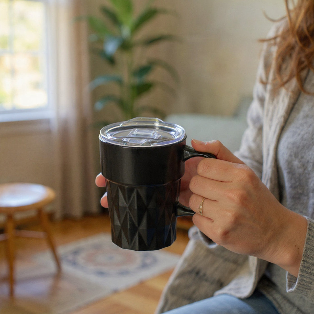 Clay Craft Jewel Diamond Pebble Porcelain Mug with Acrylic Lid, Black, 350ml