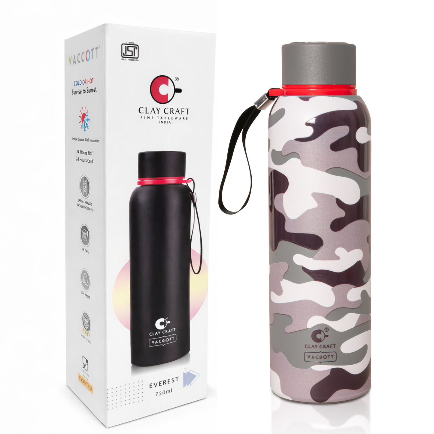 Vacbott Vacuum Bottle, Everest Military Double Walled 24 hours Cold & 18 hours Hot, 700ml