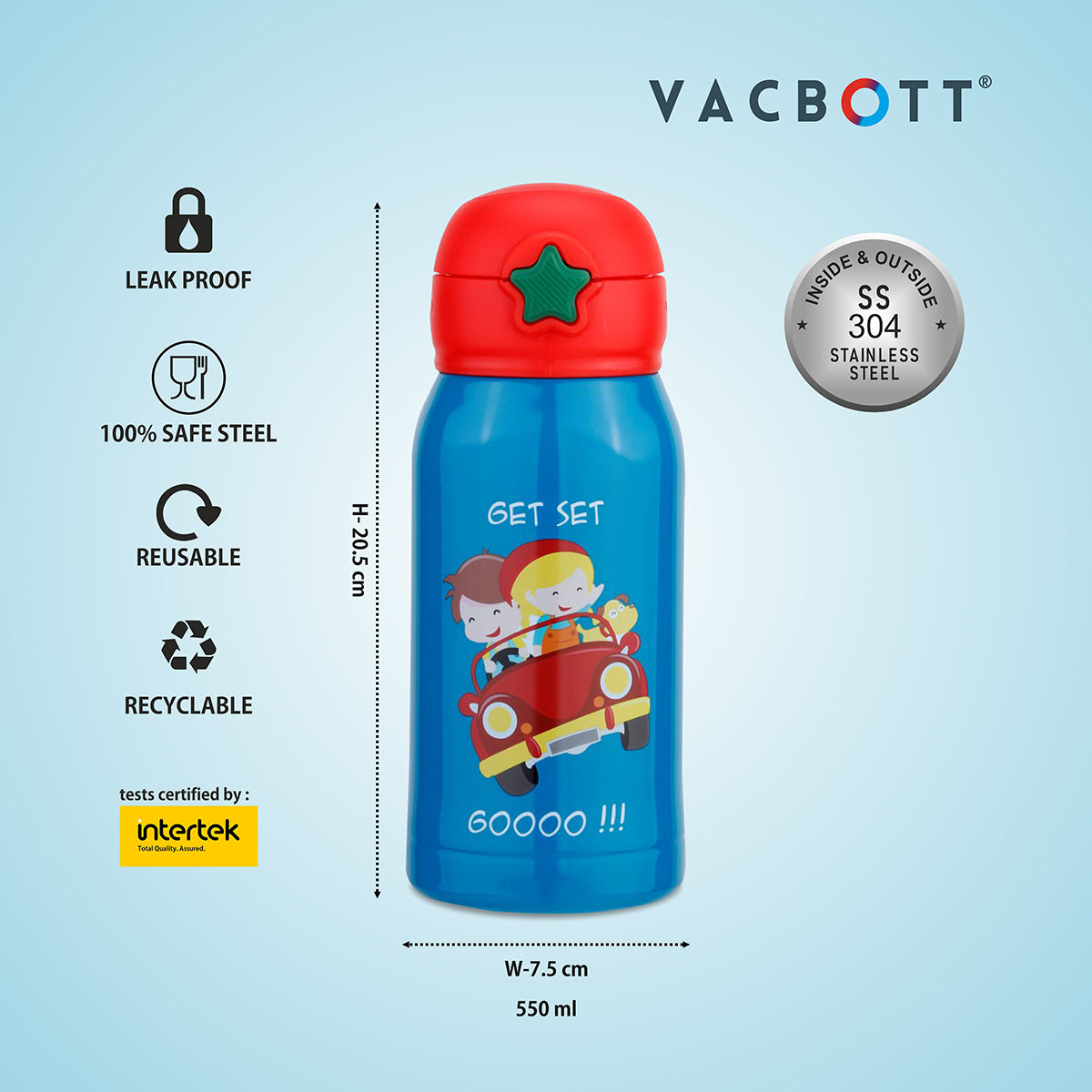 Vacbott Vaccum Bottle, Kids Double Walled 24 Hours Hot and Cold Water Bottle, 550ml