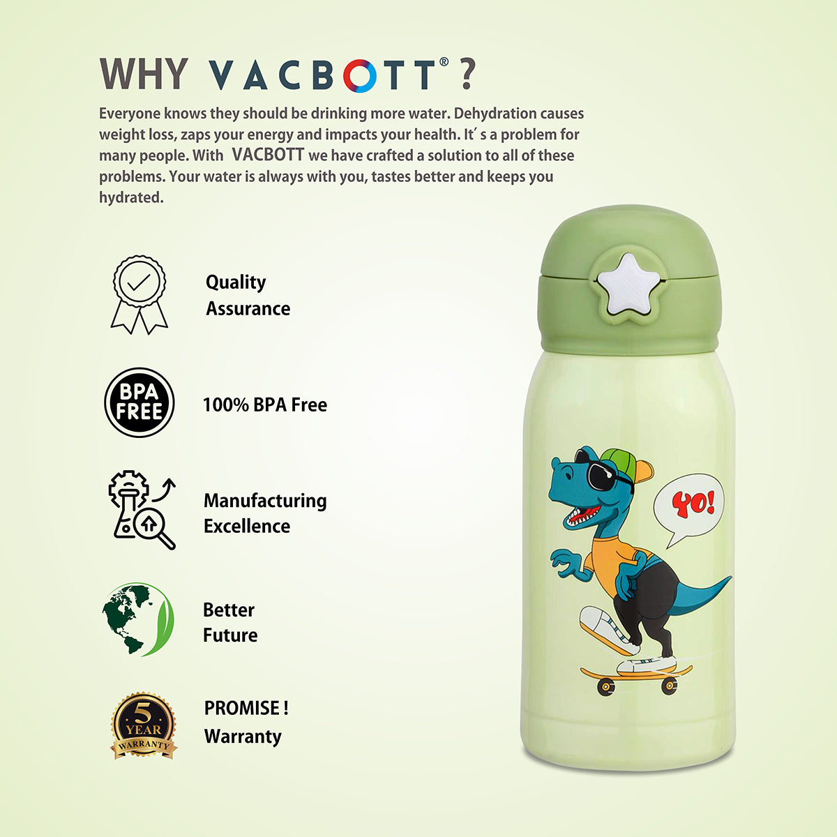 Vacbott Vaccum Bottle, Kids Double Walled 24 Hours Hot and Cold Water Bottle, 550ml