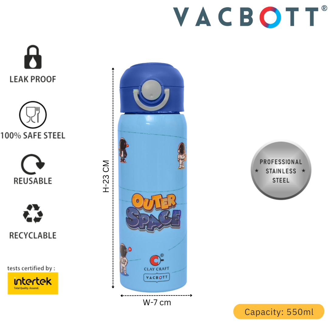 Vacbott Vivid Sonic Vacuum Insulated Double Walled Printed One-Touch Lid 18 Hrs Hot & 24 Hrs Cold, BIS Certified, Stainless Steel Flask 550 ml