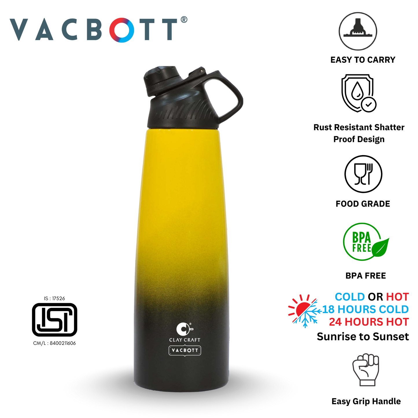 Vacbott Canon Duo Vacuum Insulated Double Walled Water Bottle 18 Hrs Hot & 24 Hrs Cold Stainless Steel Flask, BIS Certified, 1060ml