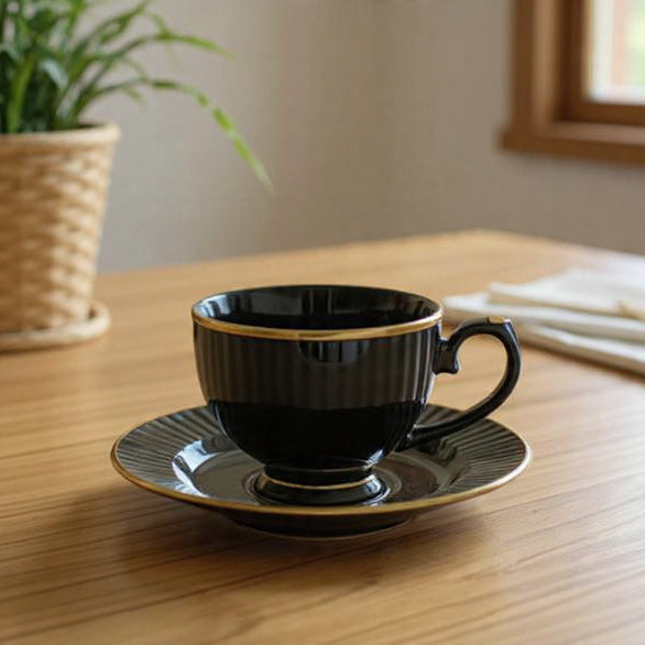 Clay Craft Julie Impression Cup & Saucer, Set of 12 (6 Cups + 6 Saucers), 170 ml, (Black)
