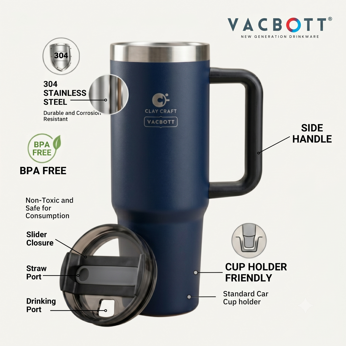 Vacbott Vacuum EverSip® Chrome Tumbler 900 ml for Adults for Office & Gym