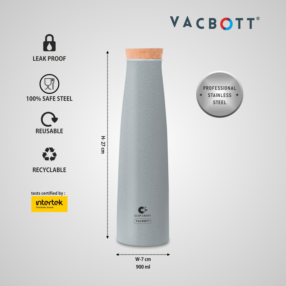 Vacbott Chariott Single Walled Non Insulated Water Bottle, 900ml, with Cork Stopper