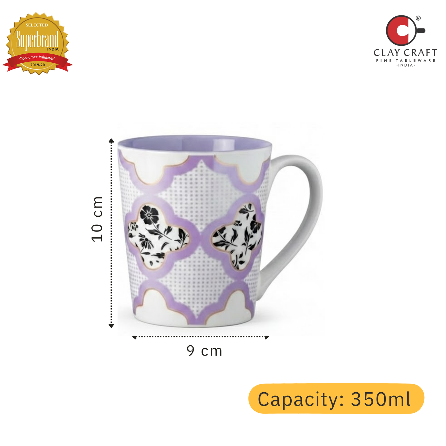 Clay Craft Lucas Pebble Purple Porcelain Mug  Set of 2, 350 ml Perfect for Tea, Coffee & Milk