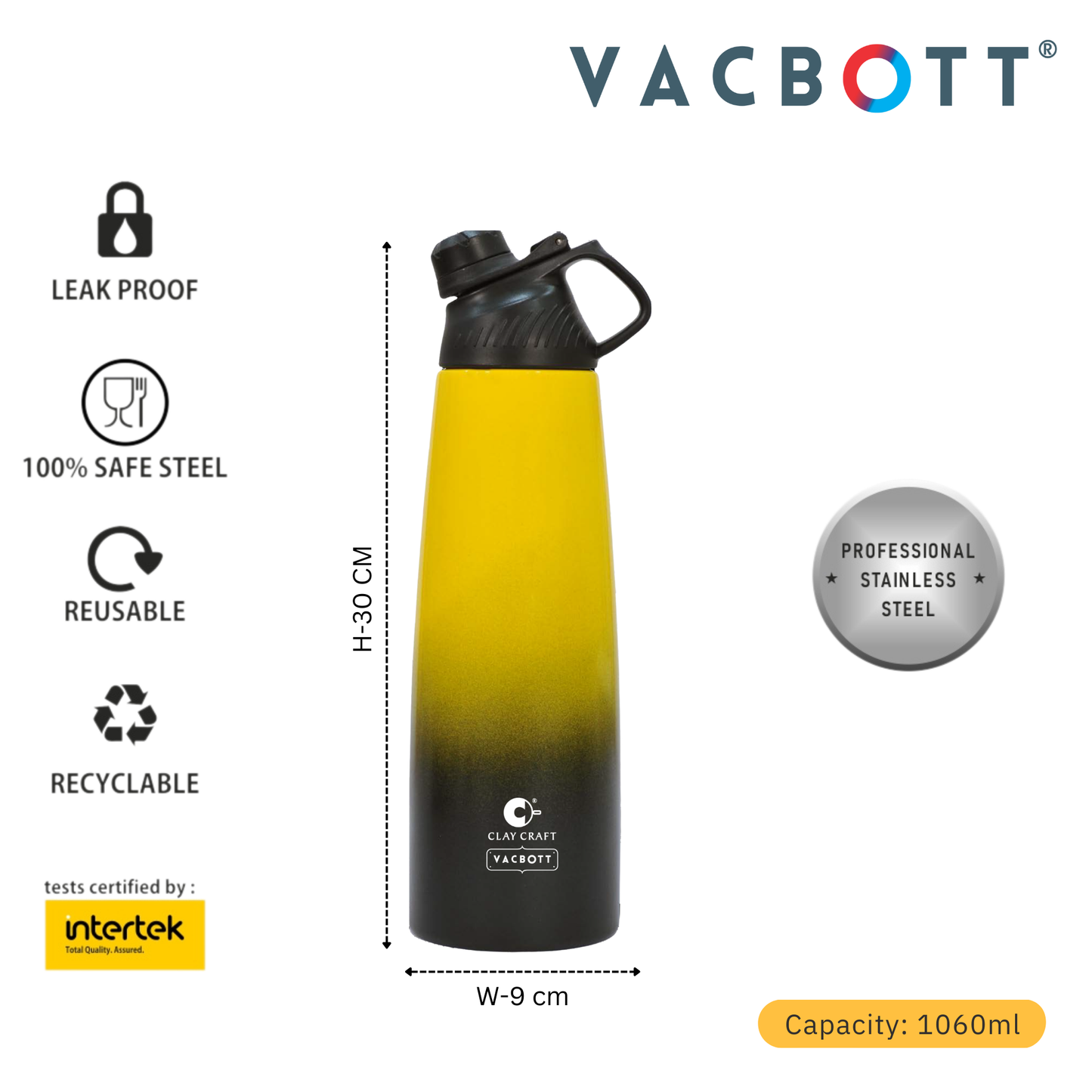 Vacbott Canon Duo Vacuum Insulated Double Walled Water Bottle 18 Hrs Hot & 24 Hrs Cold Stainless Steel Flask, BIS Certified, 1060ml