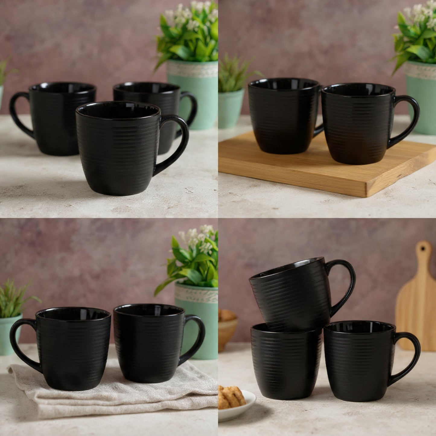 Horizon Pebble Ceramic Coffee & Tea Mugs, Black, 210ml, Set of 6