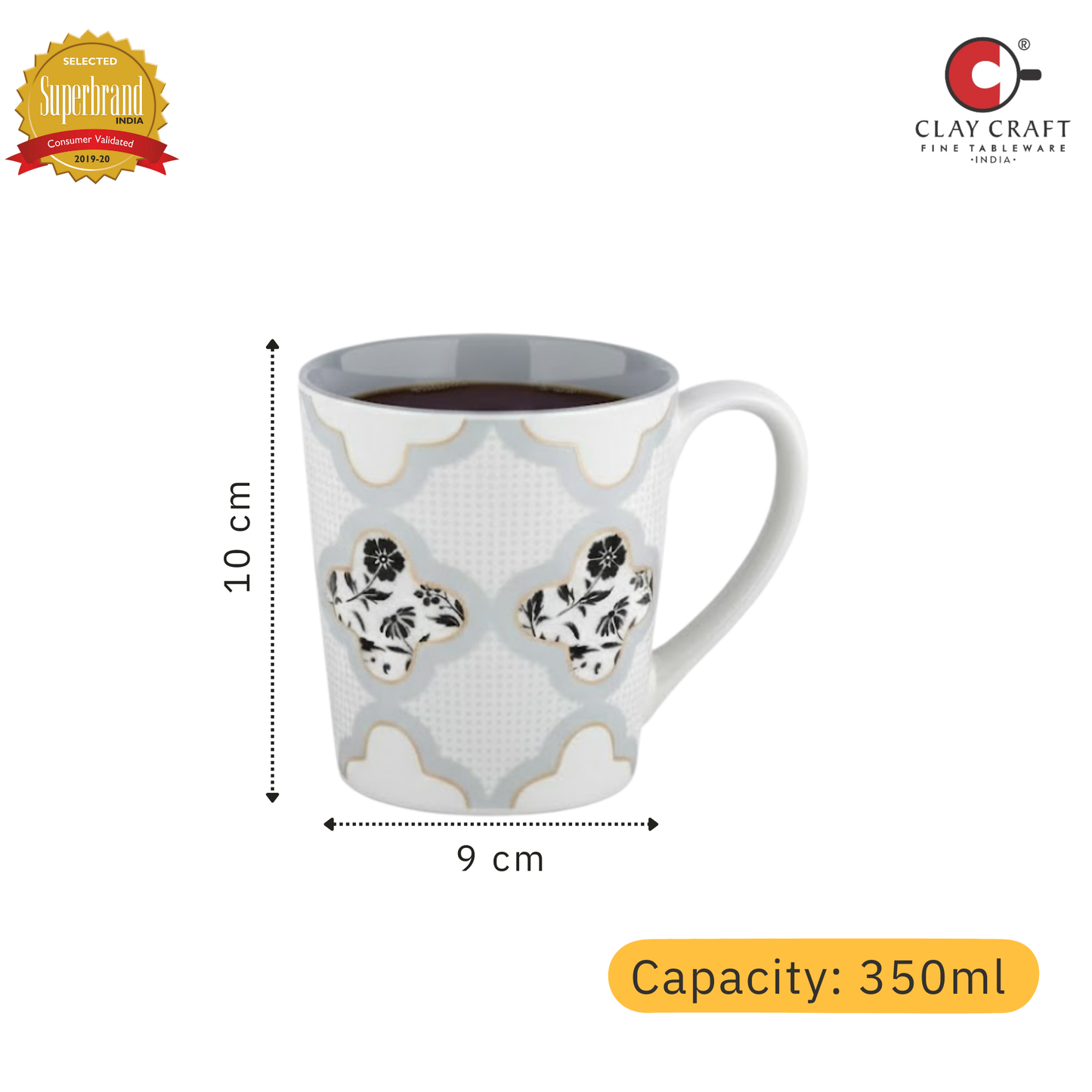 Clay Craft Lucas Pebble Grey Porcelain Mug  Set of 2, 350 ml Perfect for Tea, Coffee & Milk