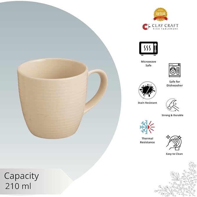 Horizon Pebble IVORY Cup & Saucer, Set of 12 (6 Cups + 6 Saucers), 220 ml