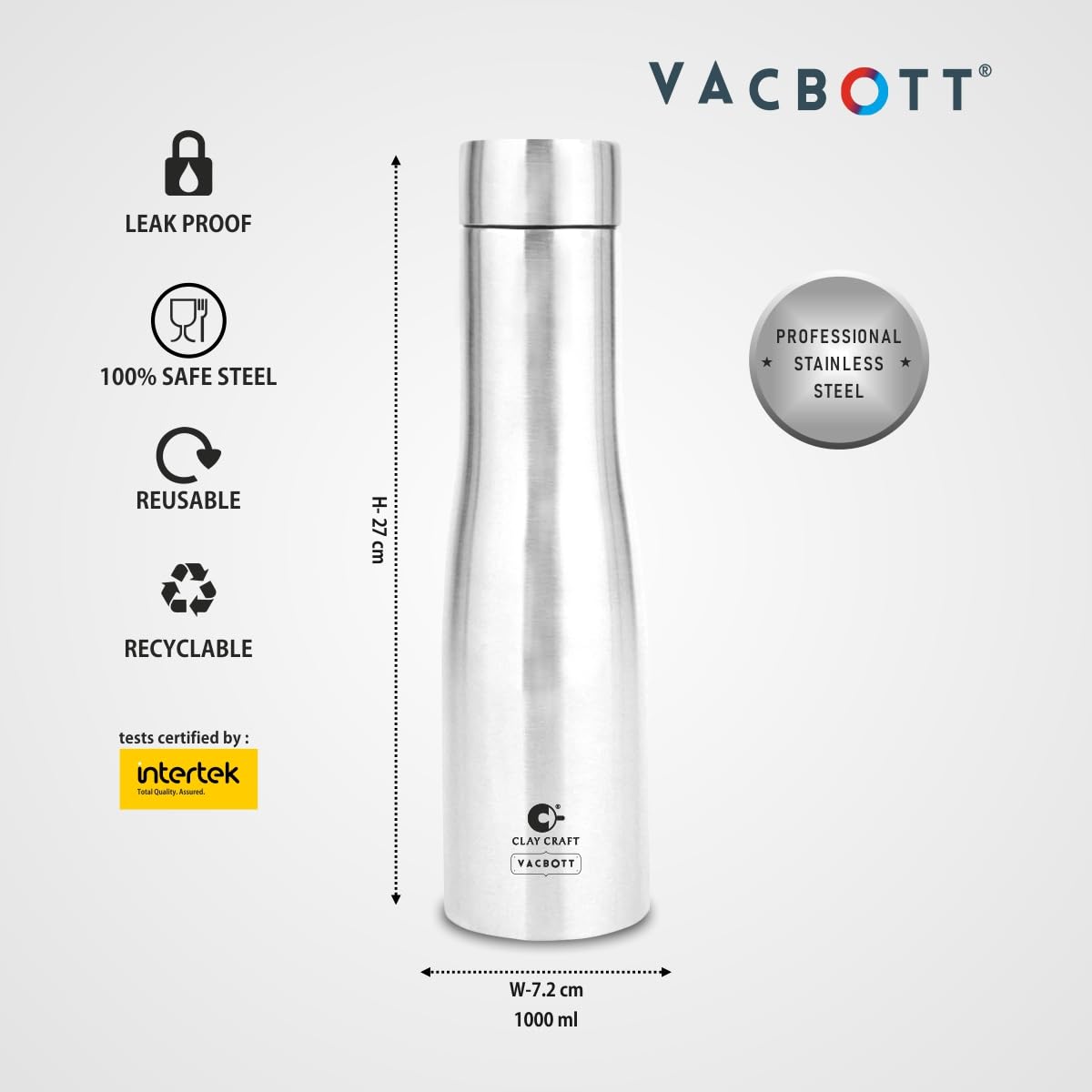 Vacbott Petra Single Walled Non Insulated Water Bottle, 1000 ml, Set of 3