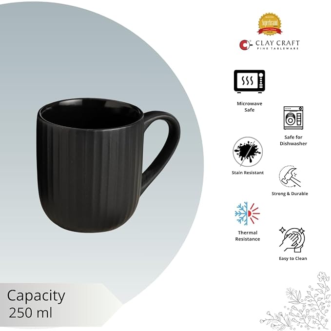 Linea Pebble Black Coffee & Tea Mugs Set of 6, 250 ml