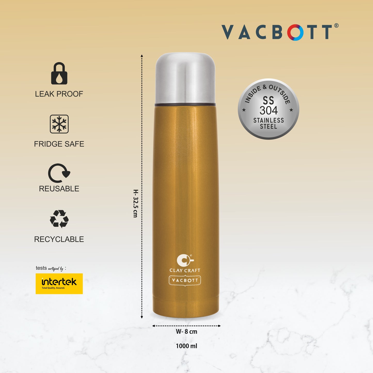 Vacbott Vaccum Bottle, Terra Double Walled 24 Hours Hot and Cold Water Bottle